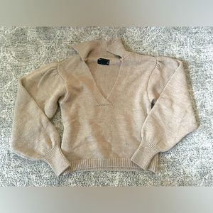Asos designs tan balloon sleeves collared v neck sweater
